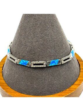 VTG Sterling Silver 925 Opal Station Bracelet Lobster Clasp Size 8" Length